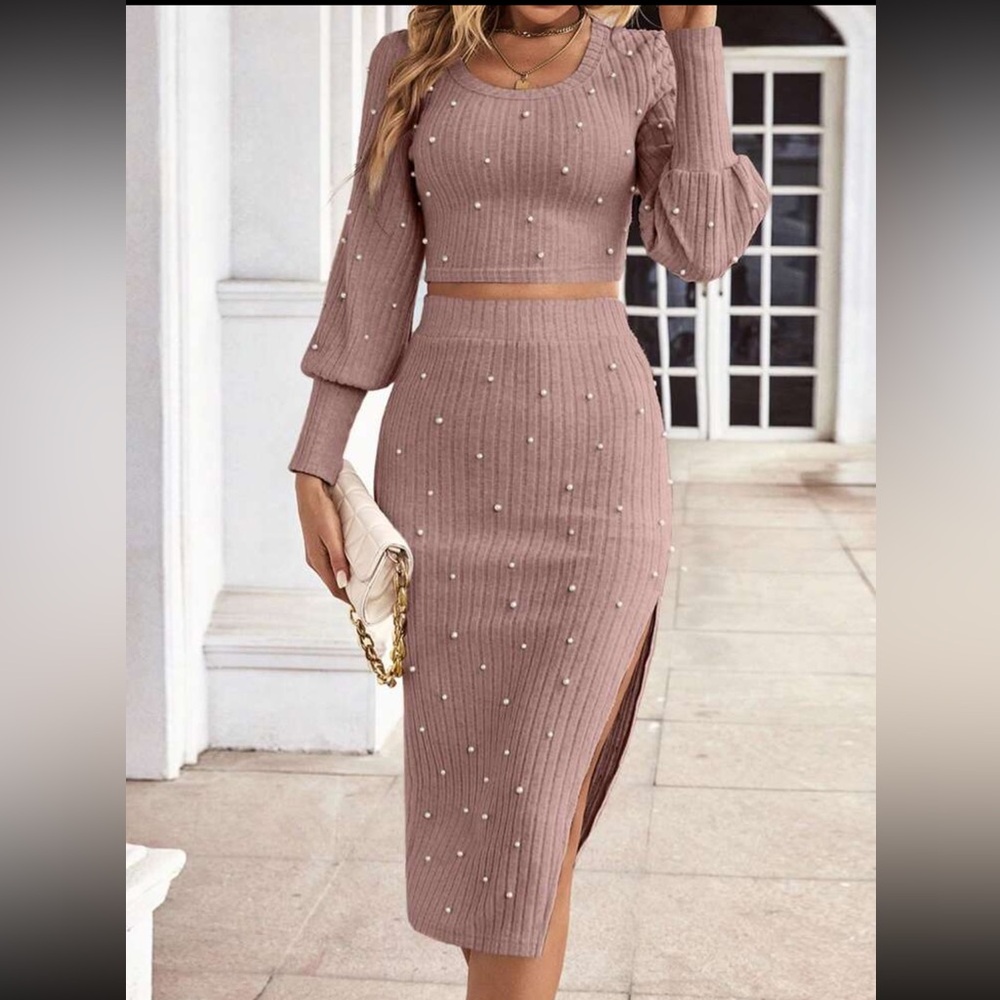Elegant rose colored two piece Skirt & top set with Pearl Accents